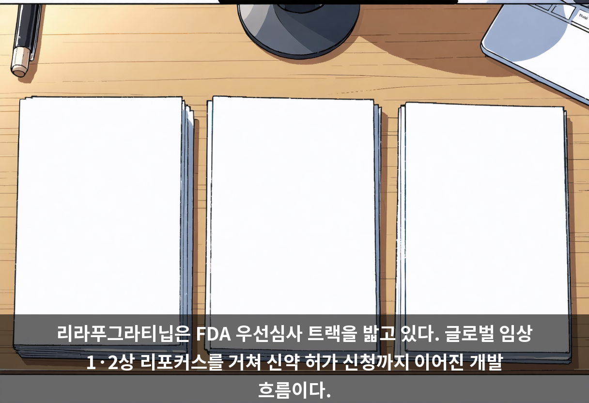 리라푸그라티닙은 FDA 우선심사 트랙을 밟고 있다. 글로벌 임상 1·2상 리포커스를 거쳐 신약 허가 신청까지 이어진 개발 흐름이다.