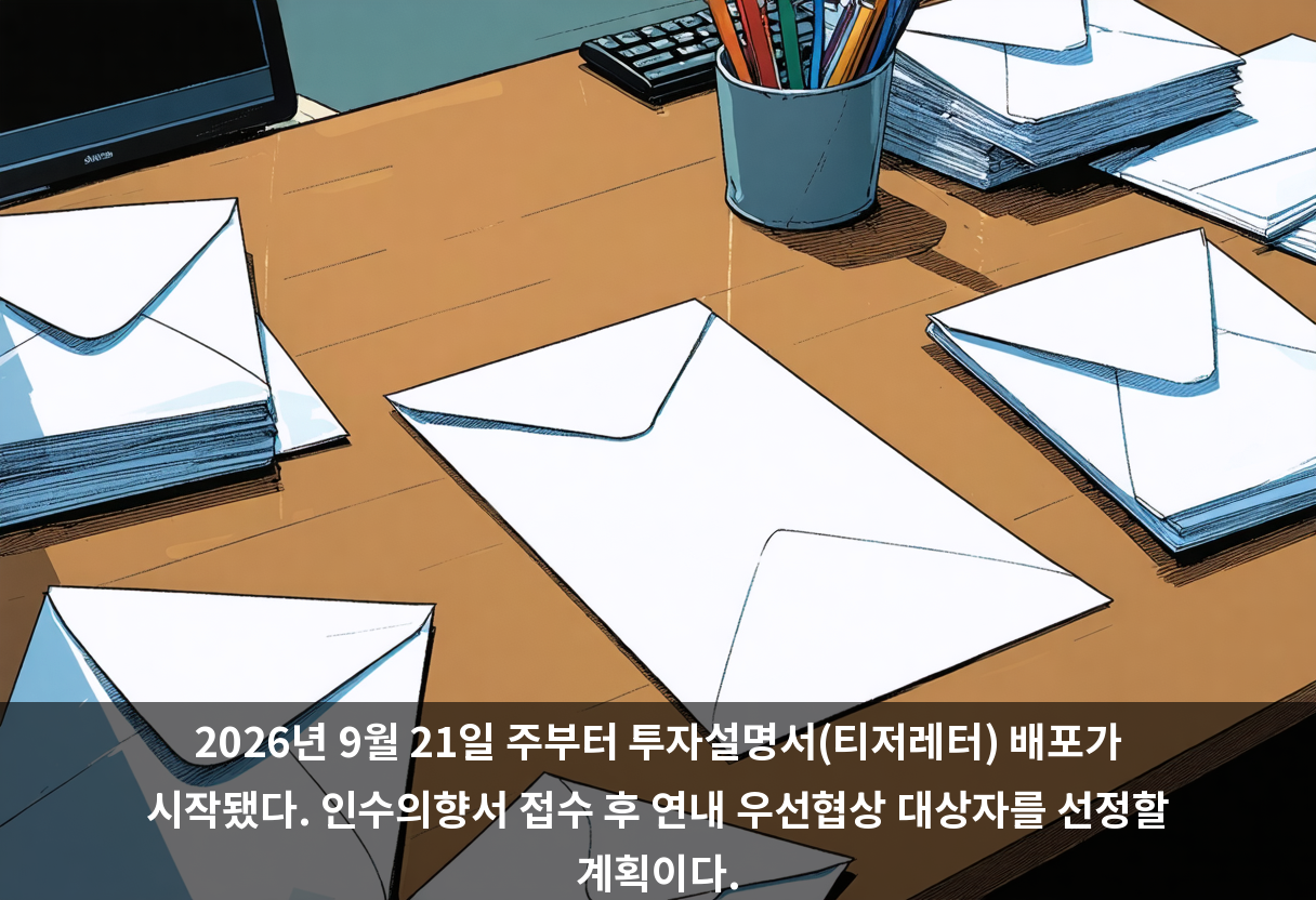 2026년 9월 21일 주부터 투자설명서(티저레터) 배포가 시작됐다. 인수의향서 접수 후 연내 우선협상 대상자를 선정할 계획이다.