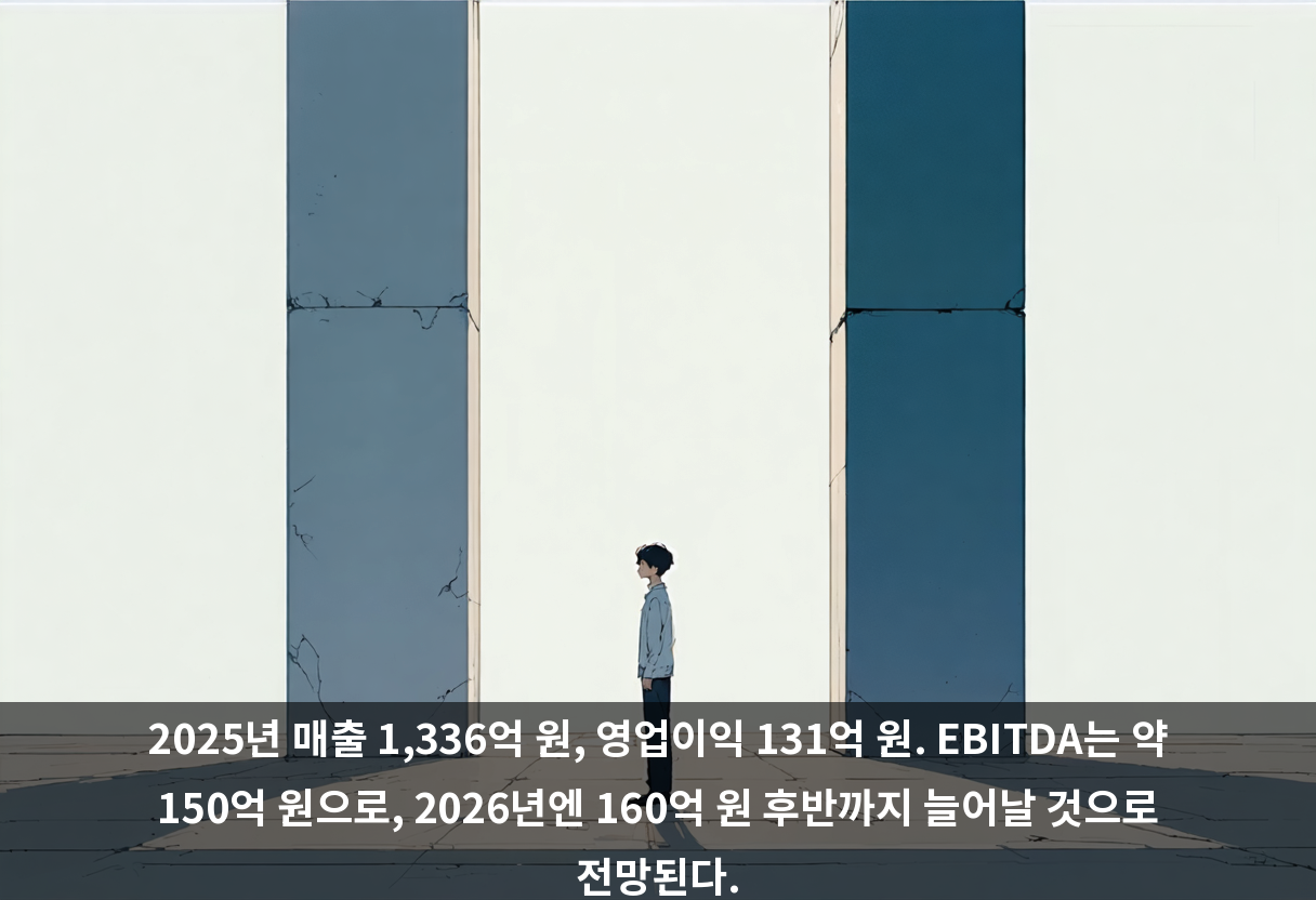2025년 매출 1,336억 원, 영업이익 131억 원. EBITDA는 약 150억 원으로, 2026년엔 160억 원 후반까지 늘어날 것으로 전망된다.