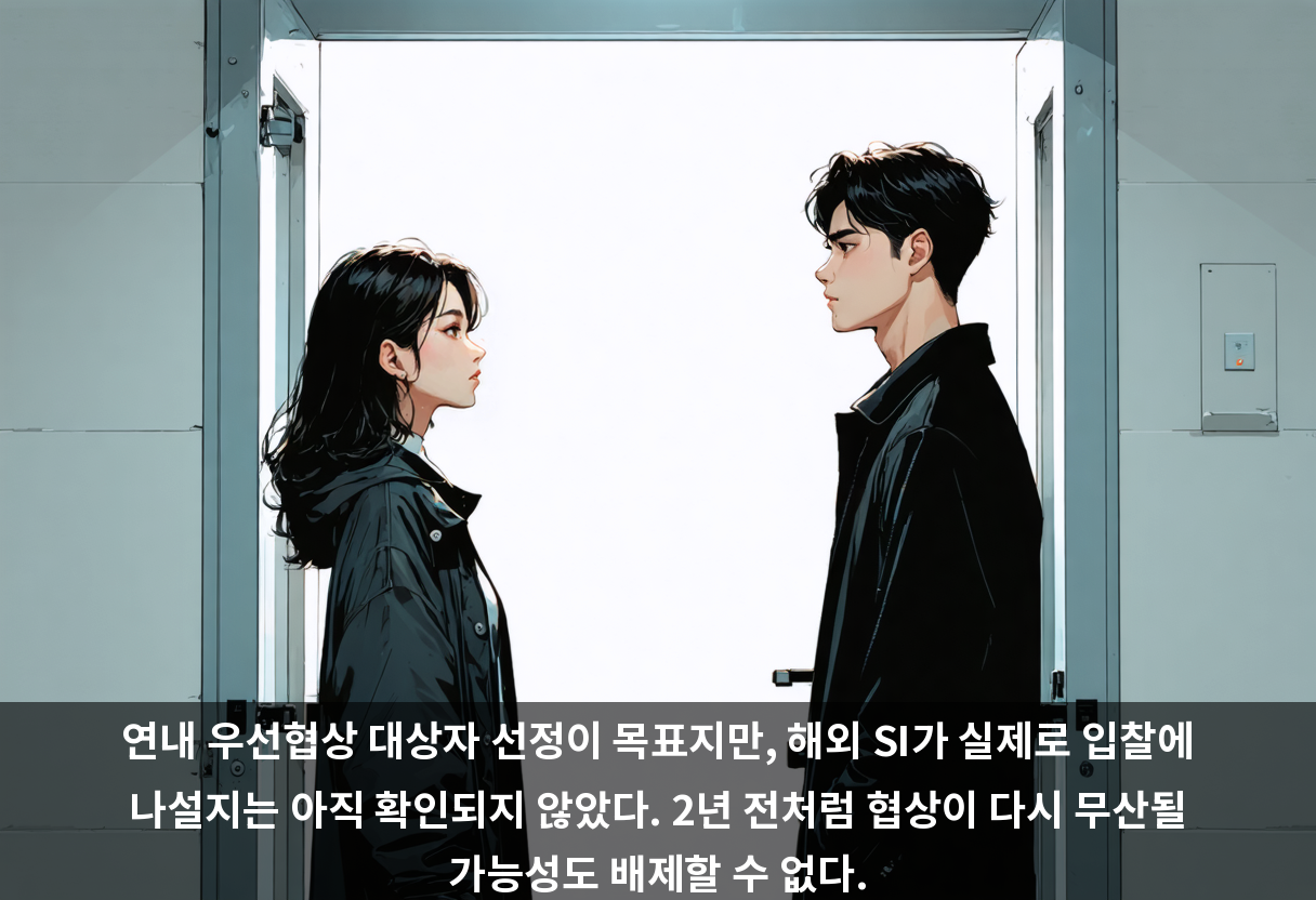 연내 우선협상 대상자 선정이 목표지만, 해외 SI가 실제로 입찰에 나설지는 아직 확인되지 않았다. 2년 전처럼 협상이 다시 무산될 가능성도 배제할 수 없다.