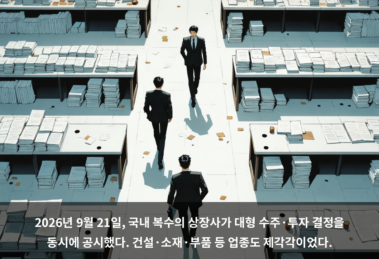 2026년 9월 21일, 국내 복수의 상장사가 대형 수주·투자 결정을 동시에 공시했다. 건설·소재·부품 등 업종도 제각각이었다.