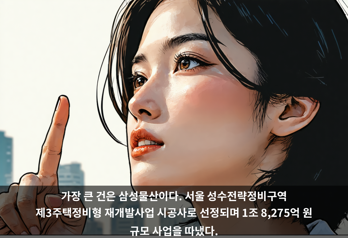 가장 큰 건은 삼성물산이다. 서울 성수전략정비구역 제3주택정비형 재개발사업 시공사로 선정되며 1조 8,275억 원 규모 사업을 따냈다.