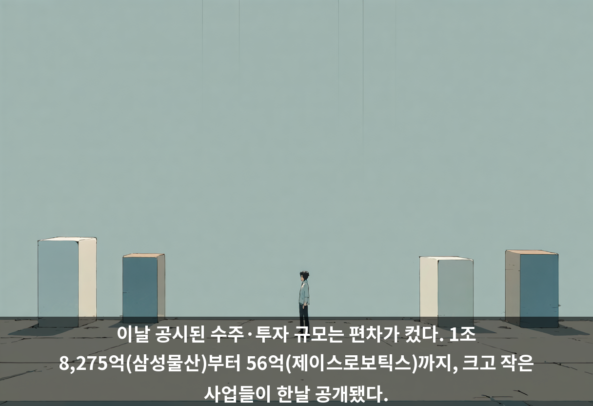 이날 공시된 수주·투자 규모는 편차가 컸다. 1조 8,275억(삼성물산)부터 56억(제이스로보틱스)까지, 크고 작은 사업들이 한날 공개됐다.