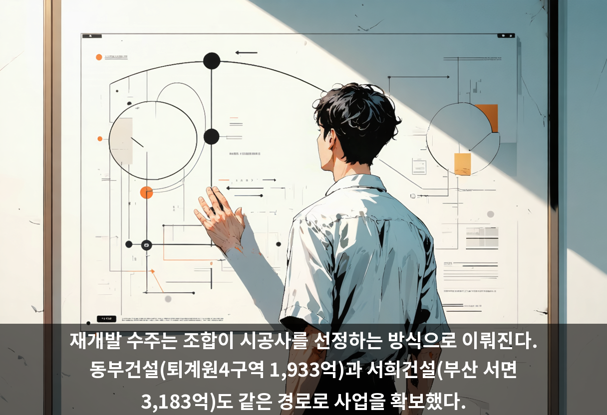 재개발 수주는 조합이 시공사를 선정하는 방식으로 이뤄진다. 동부건설(퇴계원4구역 1,933억)과 서희건설(부산 서면 3,183억)도 같은 경로로 사업을 확보했다.