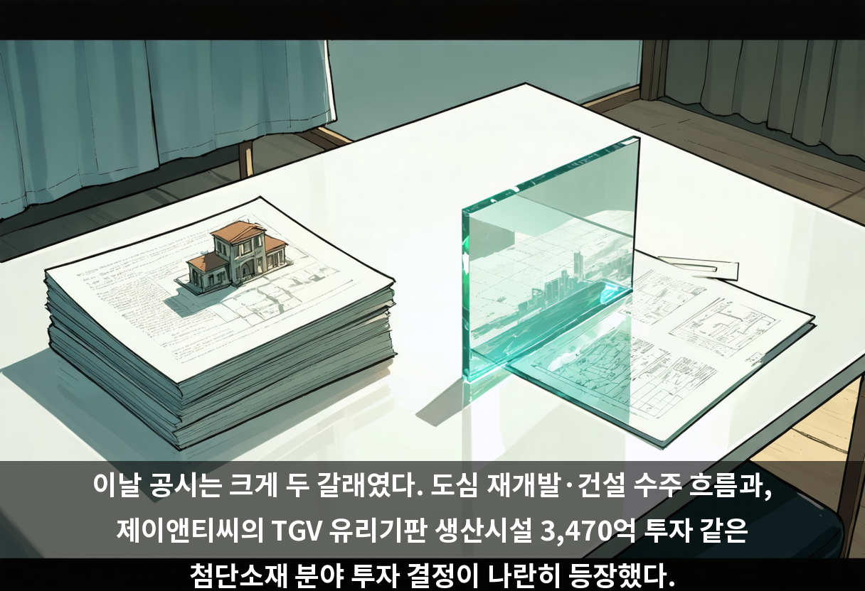 이날 공시는 크게 두 갈래였다. 도심 재개발·건설 수주 흐름과, 제이앤티씨의 TGV 유리기판 생산시설 3,470억 투자 같은 첨단소재 분야 투자 결정이 나란히 등장했다.