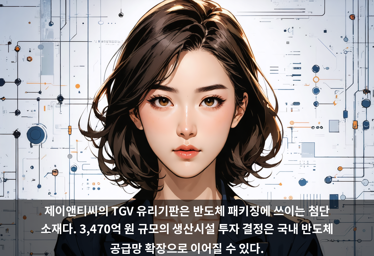 제이앤티씨의 TGV 유리기판은 반도체 패키징에 쓰이는 첨단 소재다. 3,470억 원 규모의 생산시설 투자 결정은 국내 반도체 공급망 확장으로 이어질 수 있다.