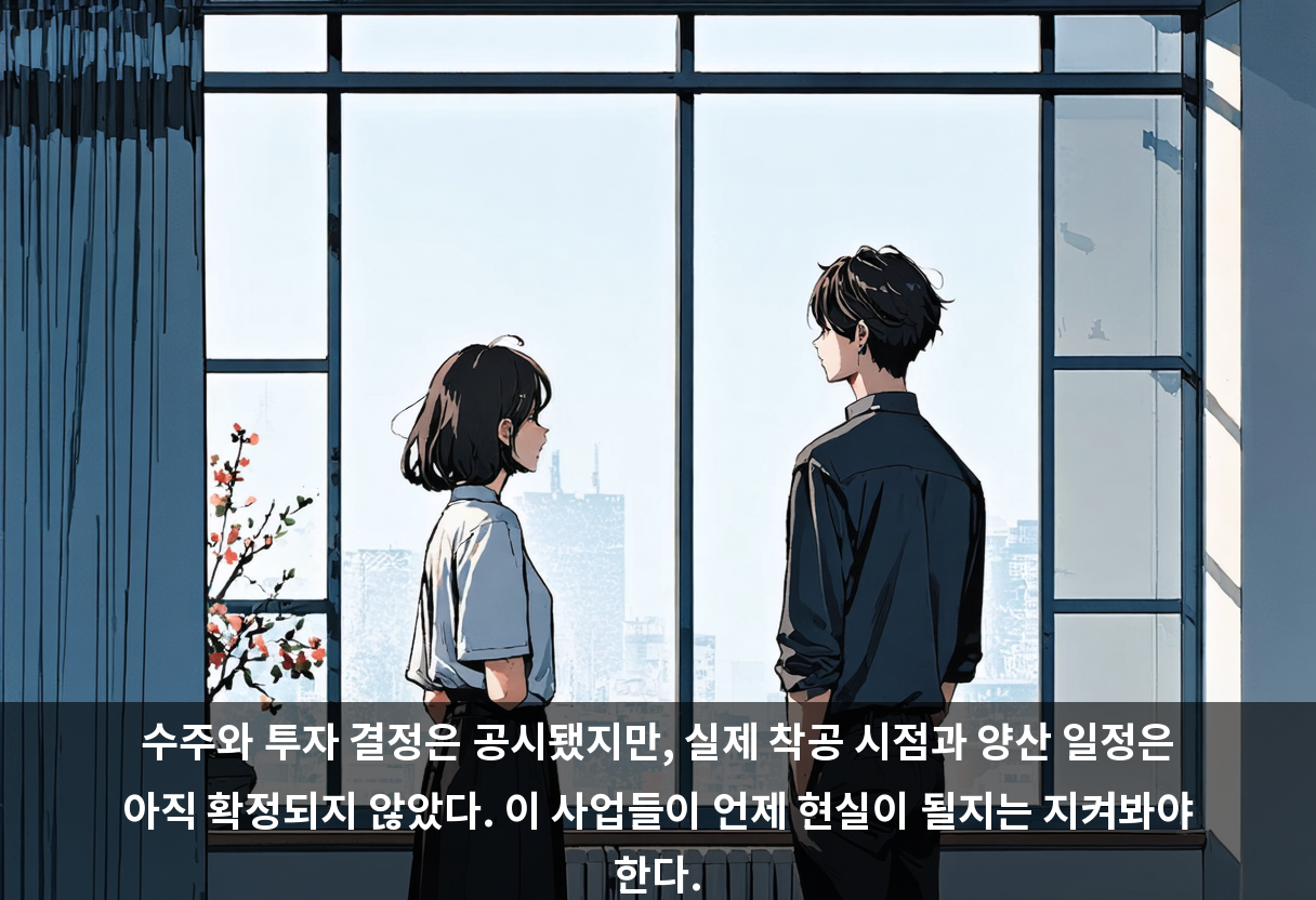수주와 투자 결정은 공시됐지만, 실제 착공 시점과 양산 일정은 아직 확정되지 않았다. 이 사업들이 언제 현실이 될지는 지켜봐야 한다.