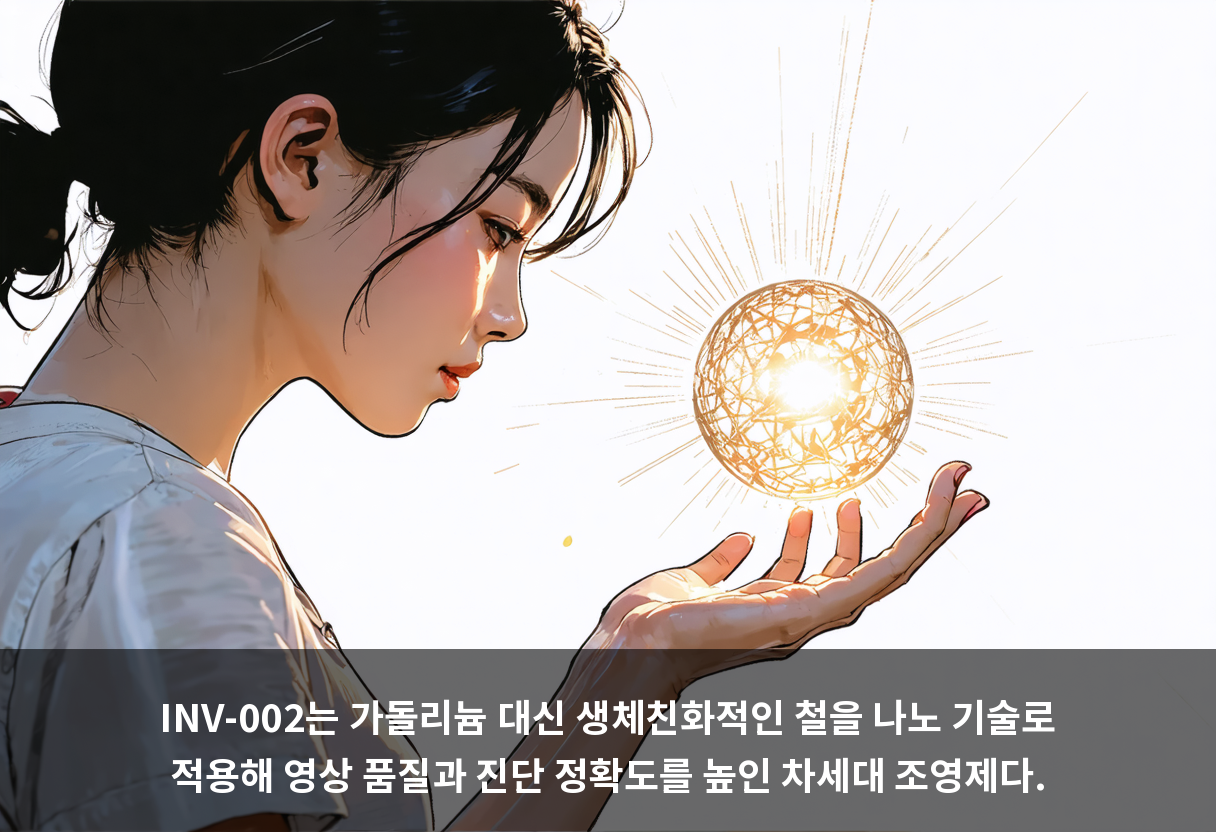 INV-002는 가돌리늄 대신 생체친화적인 철을 나노 기술로 적용해 영상 품질과 진단 정확도를 높인 차세대 조영제다.
