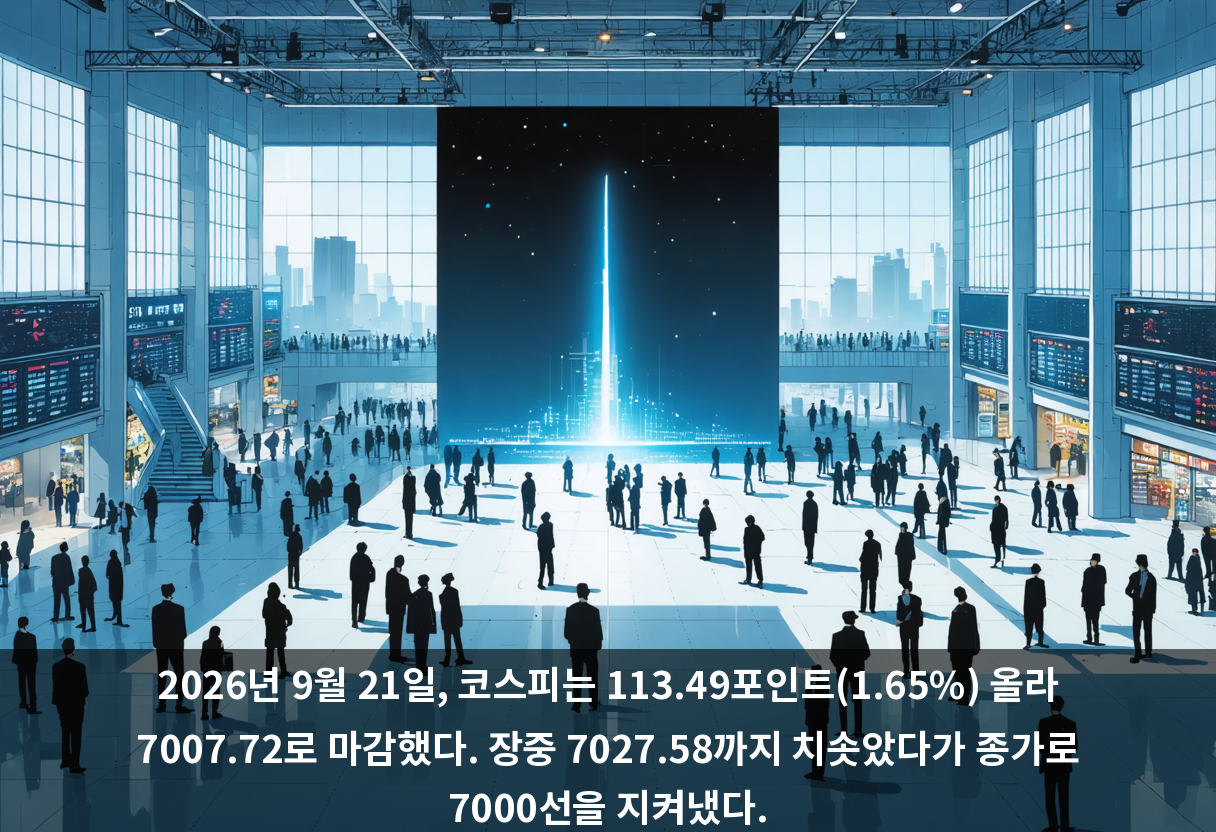 2026년 9월 21일, 코스피는 113.49포인트(1.65%) 올라 7007.72로 마감했다. 장중 7027.58까지 치솟았다가 종가로 7000선을 지켜냈다.