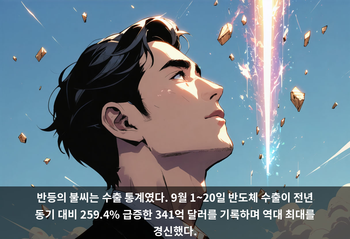 반등의 불씨는 수출 통계였다. 9월 1~20일 반도체 수출이 전년 동기 대비 259.4% 급증한 341억 달러를 기록하며 역대 최대를 경신했다.