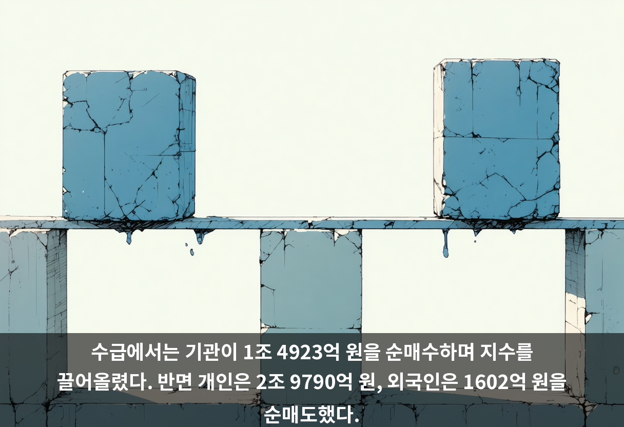 수급에서는 기관이 1조 4923억 원을 순매수하며 지수를 끌어올렸다. 반면 개인은 2조 9790억 원, 외국인은 1602억 원을 순매도했다.