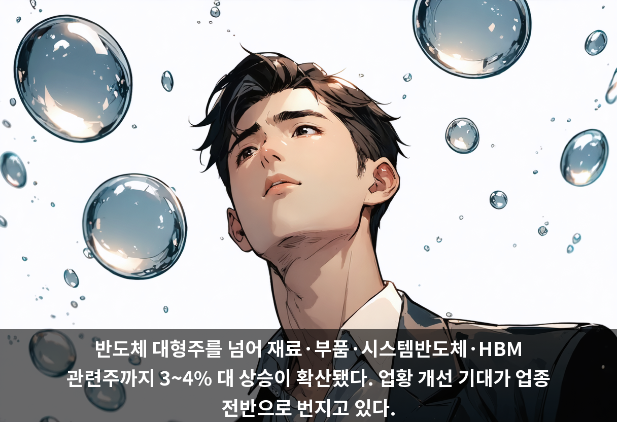 반도체 대형주를 넘어 재료·부품·시스템반도체·HBM 관련주까지 3~4% 대 상승이 확산됐다. 업황 개선 기대가 업종 전반으로 번지고 있다.