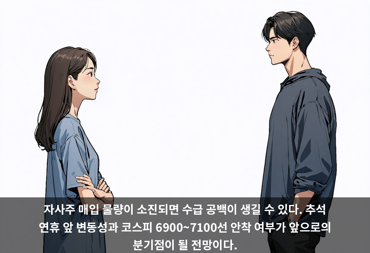 자사주 매입 물량이 소진되면 수급 공백이 생길 수 있다. 추석 연휴 앞 변동성과 코스피 6900~7100선 안착 여부가 앞으로의 분기점이 될 전망이다.