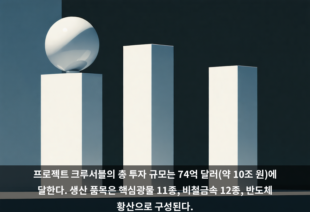 프로젝트 크루서블의 총 투자 규모는 74억 달러(약 10조 원)에 달한다. 생산 품목은 핵심광물 11종, 비철금속 12종, 반도체 황산으로 구성된다.