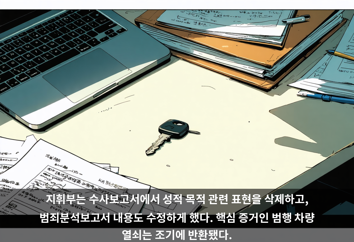 지휘부는 수사보고서에서 성적 목적 관련 표현을 삭제하고, 범죄분석보고서 내용도 수정하게 했다. 핵심 증거인 범행 차량 열쇠는 조기에 반환됐다.