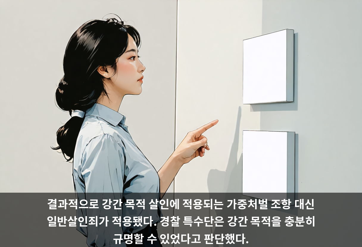 결과적으로 강간 목적 살인에 적용되는 가중처벌 조항 대신 일반살인죄가 적용됐다. 경찰 특수단은 강간 목적을 충분히 규명할 수 있었다고 판단했다.