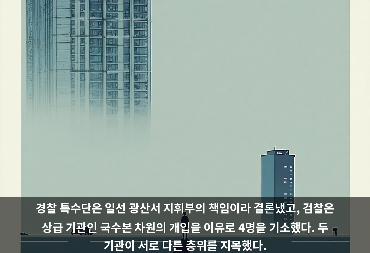 경찰 특수단은 일선 광산서 지휘부의 책임이라 결론냈고, 검찰은 상급 기관인 국수본 차원의 개입을 이유로 4명을 기소했다. 두 기관이 서로 다른 층위를 지목했다.