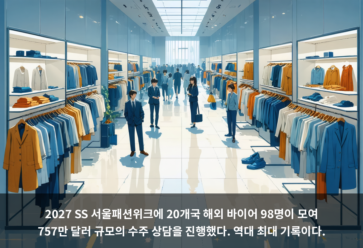 2027 SS 서울패션위크에 20개국 해외 바이어 98명이 모여 757만 달러 규모의 수주 상담을 진행했다. 역대 최대 기록이다.