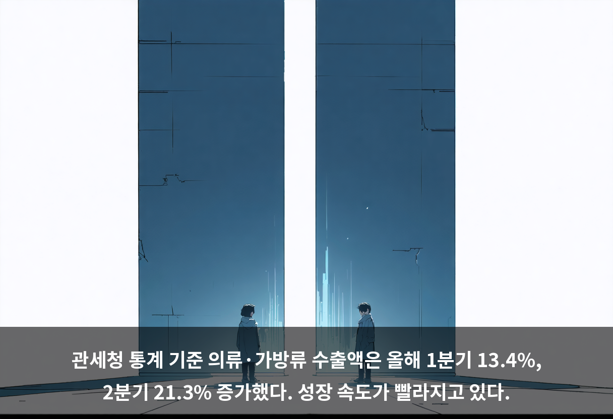 관세청 통계 기준 의류·가방류 수출액은 올해 1분기 13.4%, 2분기 21.3% 증가했다. 성장 속도가 빨라지고 있다.