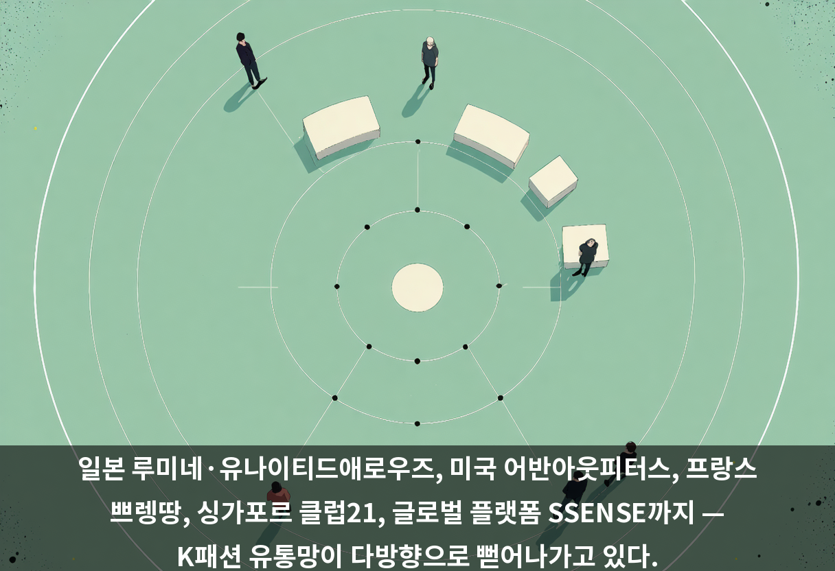 일본 루미네·유나이티드애로우즈, 미국 어반아웃피터스, 프랑스 쁘렝땅, 싱가포르 클럽21, 글로벌 플랫폼 SSENSE까지 — K패션 유통망이 다방향으로 뻗어나가고 있다.