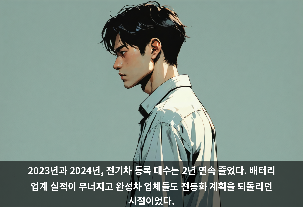 2023년과 2024년, 전기차 등록 대수는 2년 연속 줄었다. 배터리 업계 실적이 무너지고 완성차 업체들도 전동화 계획을 되돌리던 시절이었다.