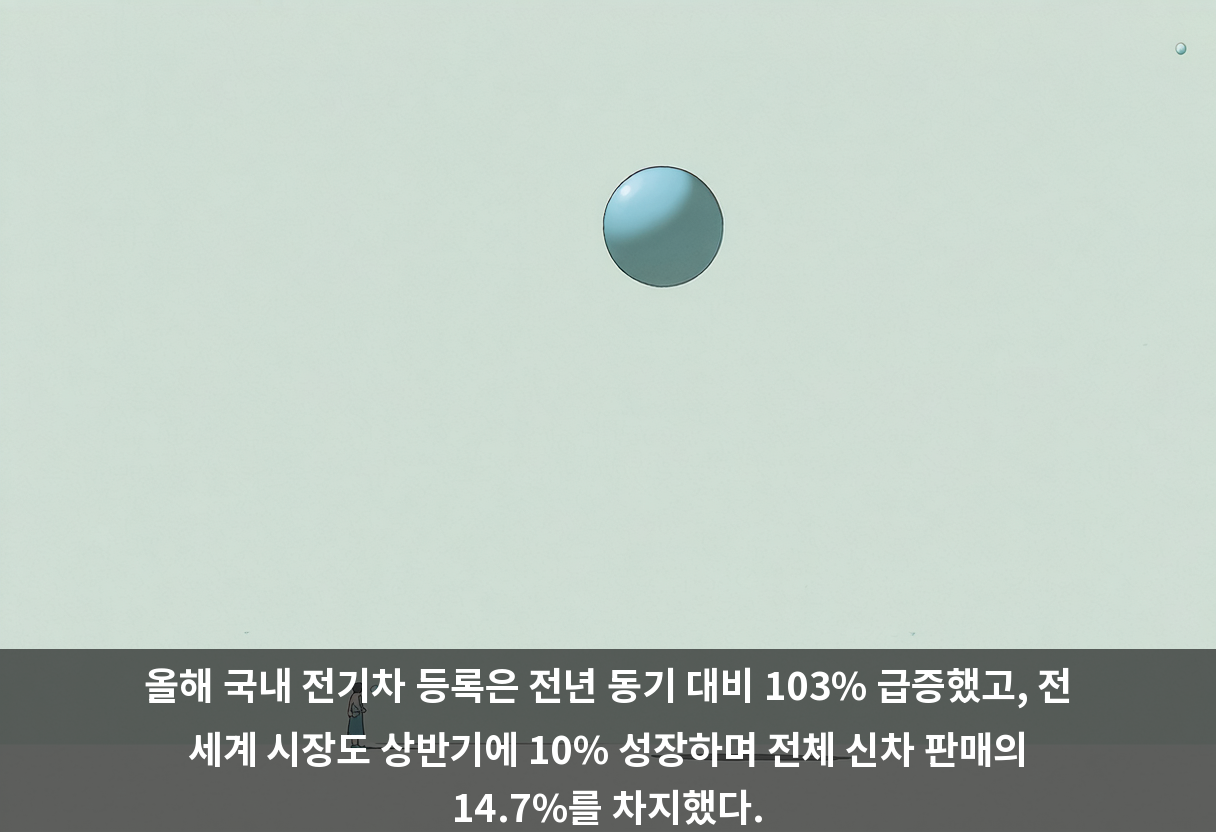 올해 국내 전기차 등록은 전년 동기 대비 103% 급증했고, 전 세계 시장도 상반기에 10% 성장하며 전체 신차 판매의 14.7%를 차지했다.