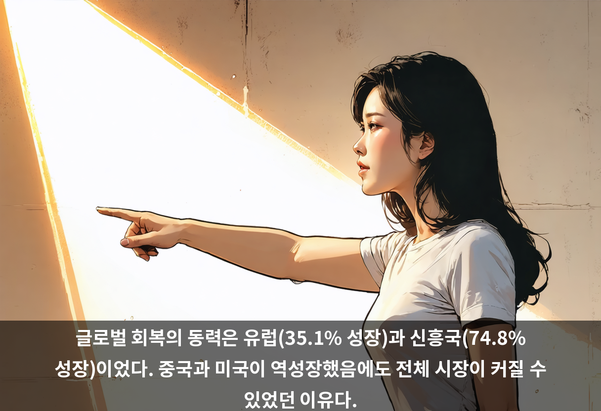 글로벌 회복의 동력은 유럽(35.1% 성장)과 신흥국(74.8% 성장)이었다. 중국과 미국이 역성장했음에도 전체 시장이 커질 수 있었던 이유다.