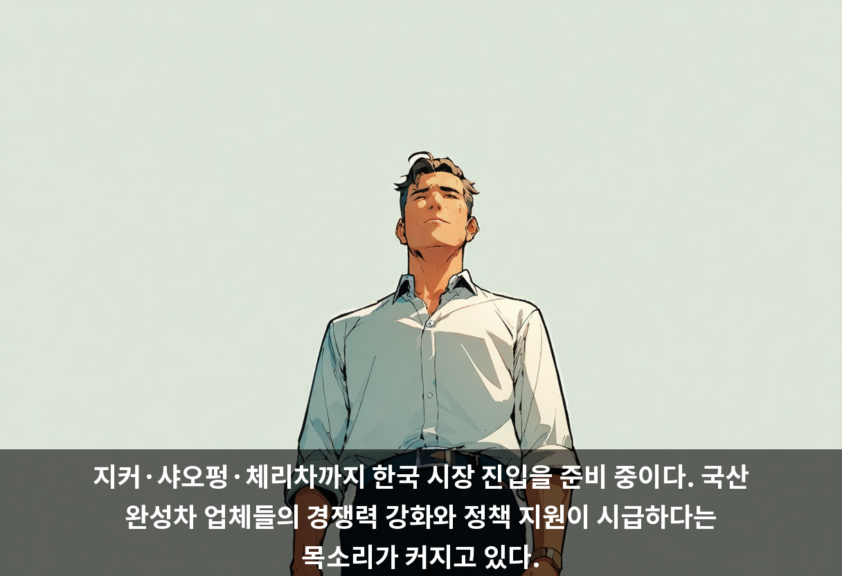지커·샤오펑·체리차까지 한국 시장 진입을 준비 중이다. 국산 완성차 업체들의 경쟁력 강화와 정책 지원이 시급하다는 목소리가 커지고 있다.