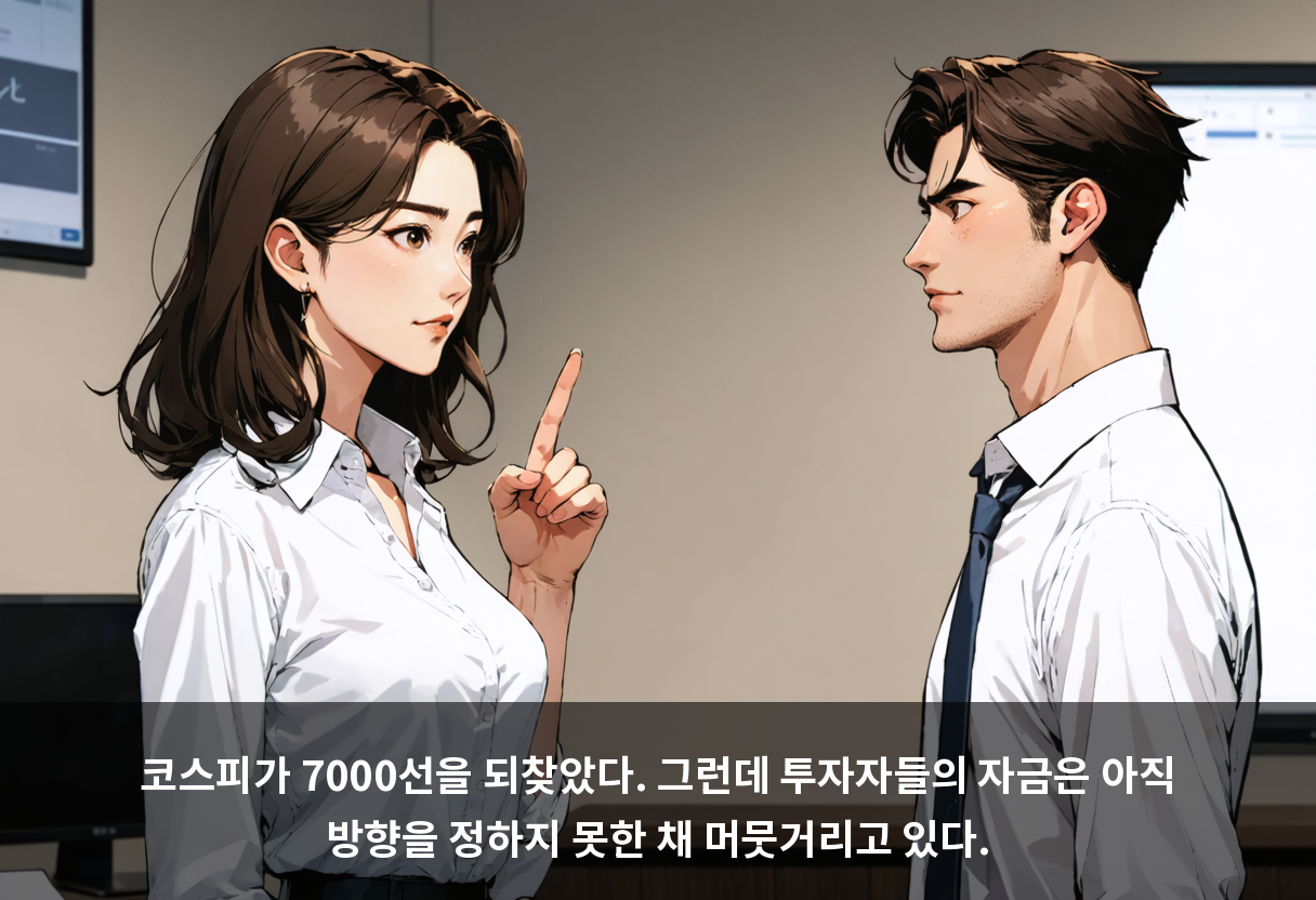 코스피가 7000선을 되찾았다. 그런데 투자자들의 자금은 아직 방향을 정하지 못한 채 머뭇거리고 있다.