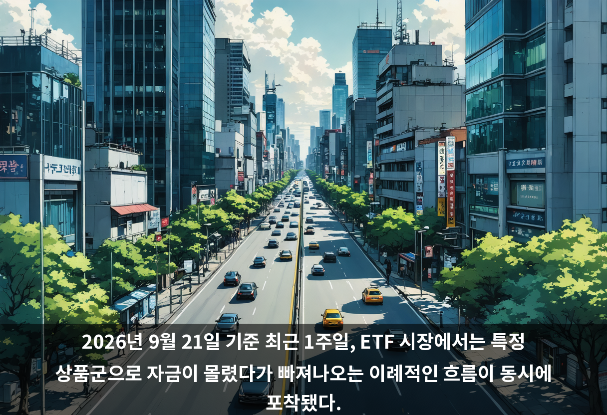 2026년 9월 21일 기준 최근 1주일, ETF 시장에서는 특정 상품군으로 자금이 몰렸다가 빠져나오는 이례적인 흐름이 동시에 포착됐다.