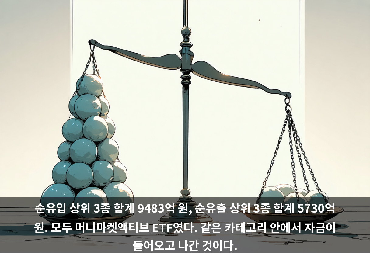 순유입 상위 3종 합계 9483억 원, 순유출 상위 3종 합계 5730억 원. 모두 머니마켓액티브 ETF였다. 같은 카테고리 안에서 자금이 들어오고 나간 것이다.