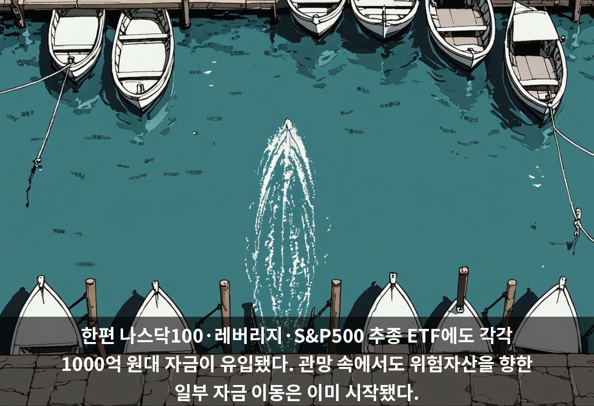 한편 나스닥100·레버리지·S&P500 추종 ETF에도 각각 1000억 원대 자금이 유입됐다. 관망 속에서도 위험자산을 향한 일부 자금 이동은 이미 시작됐다.