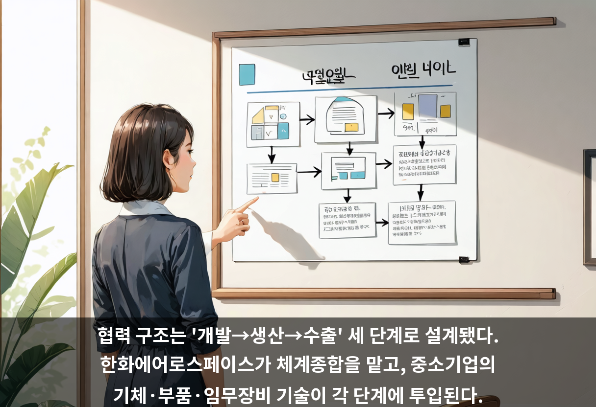 협력 구조는 '개발→생산→수출'의 세 단계로 이어진다. 중소기업의 기술에 한화의 체계종합 능력이 더해지고, 완성된 제품은 한화의 글로벌 영업망을 타고 해외로 나간다.