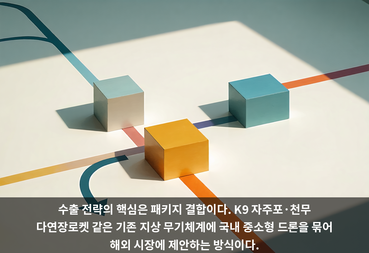 사업은 두 축으로 나뉜다. 하나는 GA-ASI와 공동 개발하는 대형 무인기(국내 생산 비중 70% 이상 목표), 다른 하나는 K9 자주포·천무 등 기존 지상무기와 묶어 해외에 제안하는 중소형 드론 패키지다.