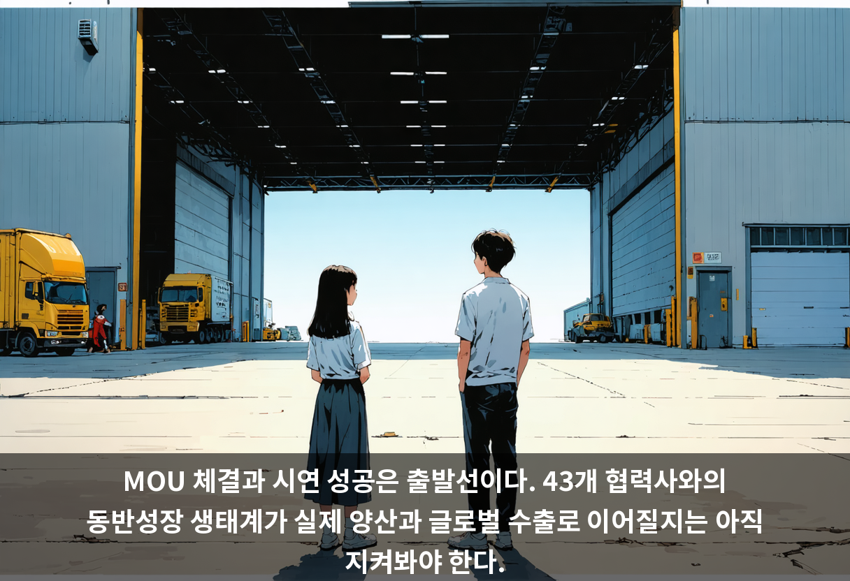 협약은 맺었지만 국내 생산 비중 70% 달성, 실제 수출 성과, 중소기업 동반성장의 실현 여부는 아직 확인되지 않은 과제로 남아 있다.