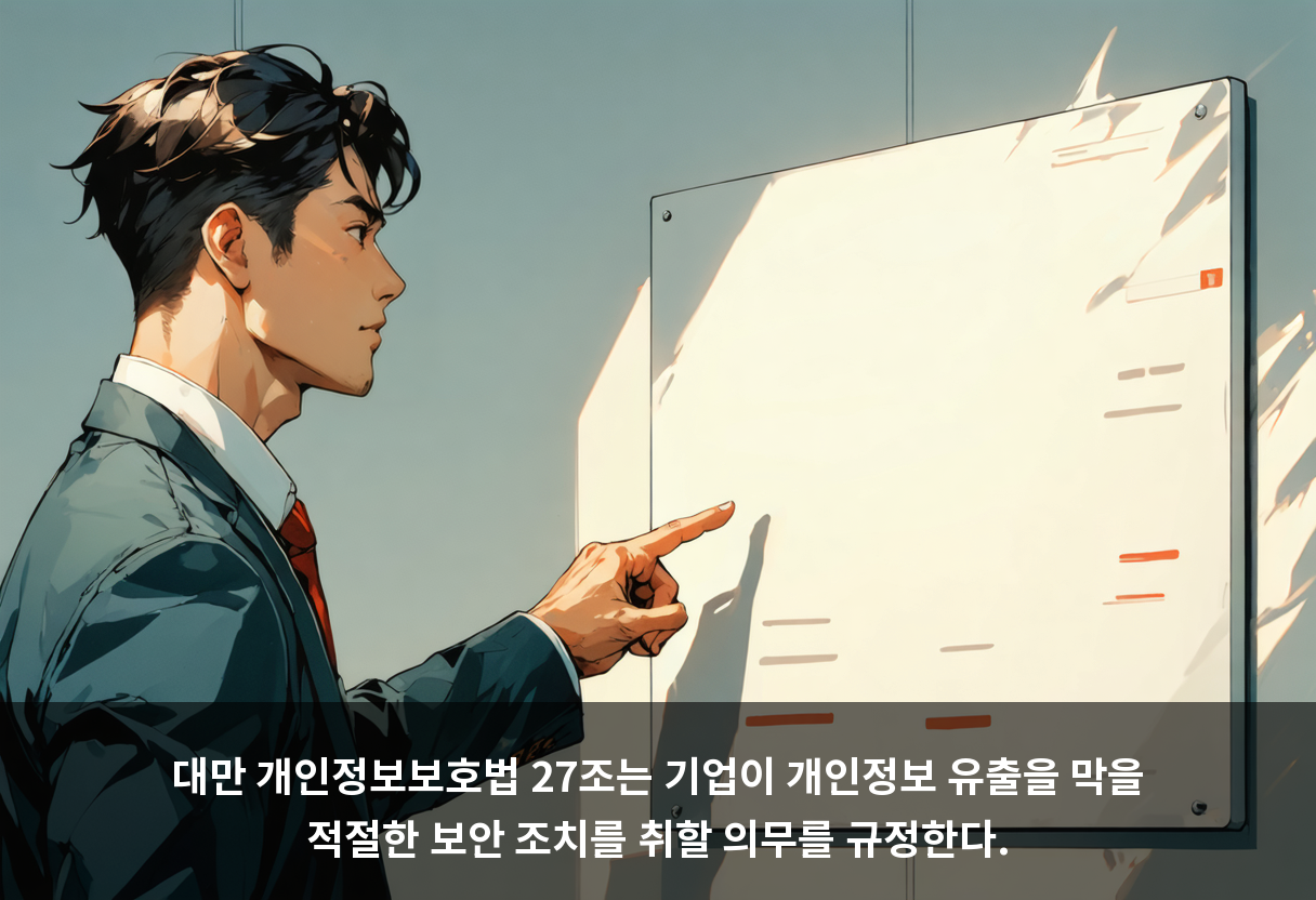 대만 개인정보보호법 27조는 기업이 개인정보 유출을 막을 적절한 보안 조치를 취할 의무를 규정한다.