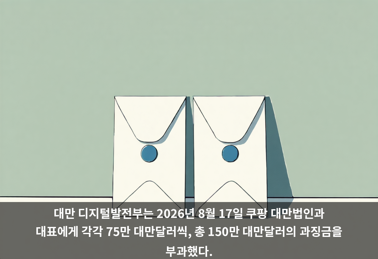 대만 디지털발전부는 2026년 8월 17일 쿠팡 대만법인과 대표에게 각각 75만 대만달러씩, 총 150만 대만달러의 과징금을 부과했다.