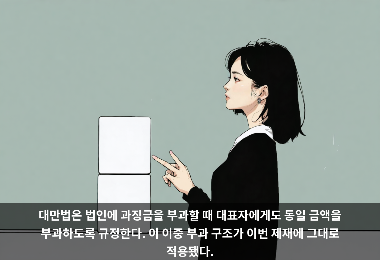 대만법은 법인에 과징금을 부과할 때 대표자에게도 동일 금액을 부과하도록 규정한다. 이 이중 부과 구조가 이번 제재에 그대로 적용됐다.