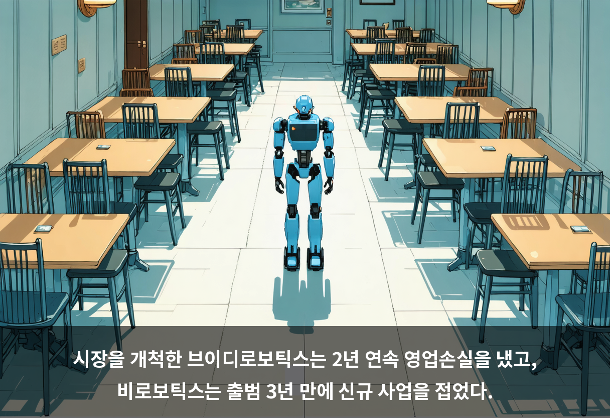 시장을 개척한 브이디로보틱스는 2년 연속 영업손실을 냈고, 비로보틱스는 출범 3년 만에 신규 사업을 접었다.
