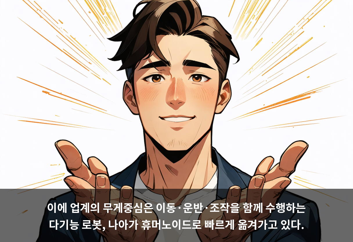 이에 업계의 무게중심은 이동·운반·조작을 함께 수행하는 다기능 로봇, 나아가 휴머노이드로 빠르게 옮겨가고 있다.