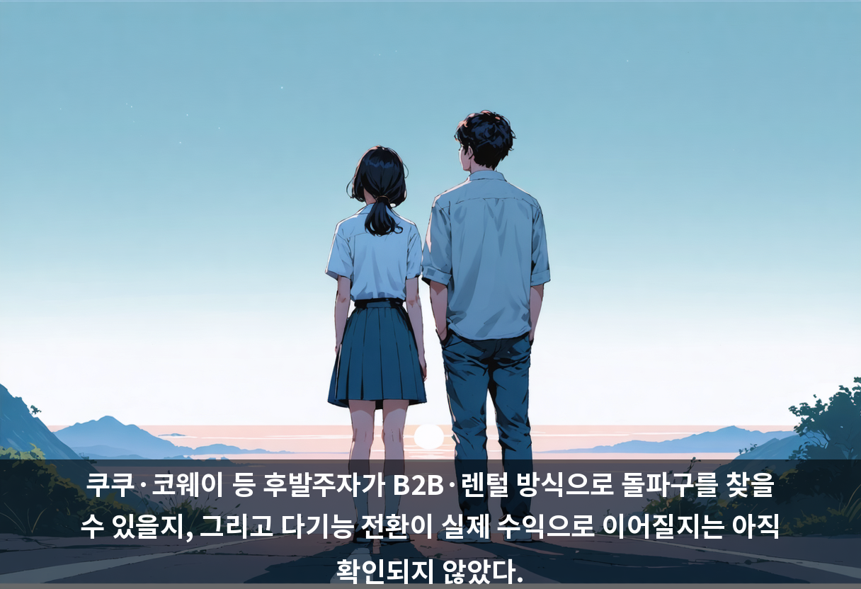 쿠쿠·코웨이 등 후발주자가 B2B·렌털 방식으로 돌파구를 찾을 수 있을지, 그리고 다기능 전환이 실제 수익으로 이어질지는 아직 확인되지 않았다.