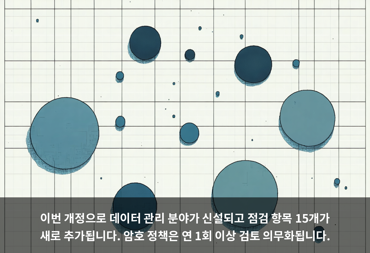 이번 개정으로 데이터 관리 분야가 신설되고 점검 항목 15개가 새로 추가됩니다. 암호 정책은 연 1회 이상 검토 의무화됩니다.