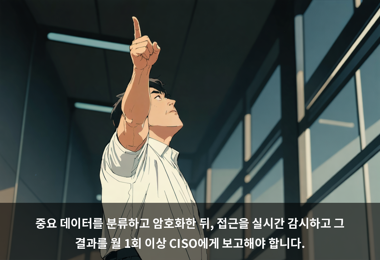 중요 데이터를 분류하고 암호화한 뒤, 접근을 실시간 감시하고 그 결과를 월 1회 이상 CISO에게 보고해야 합니다.