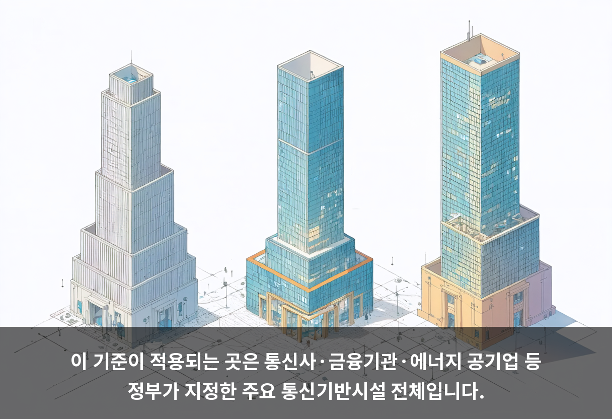이 기준이 적용되는 곳은 통신사·금융기관·에너지 공기업 등 정부가 지정한 주요 통신기반시설 전체입니다.