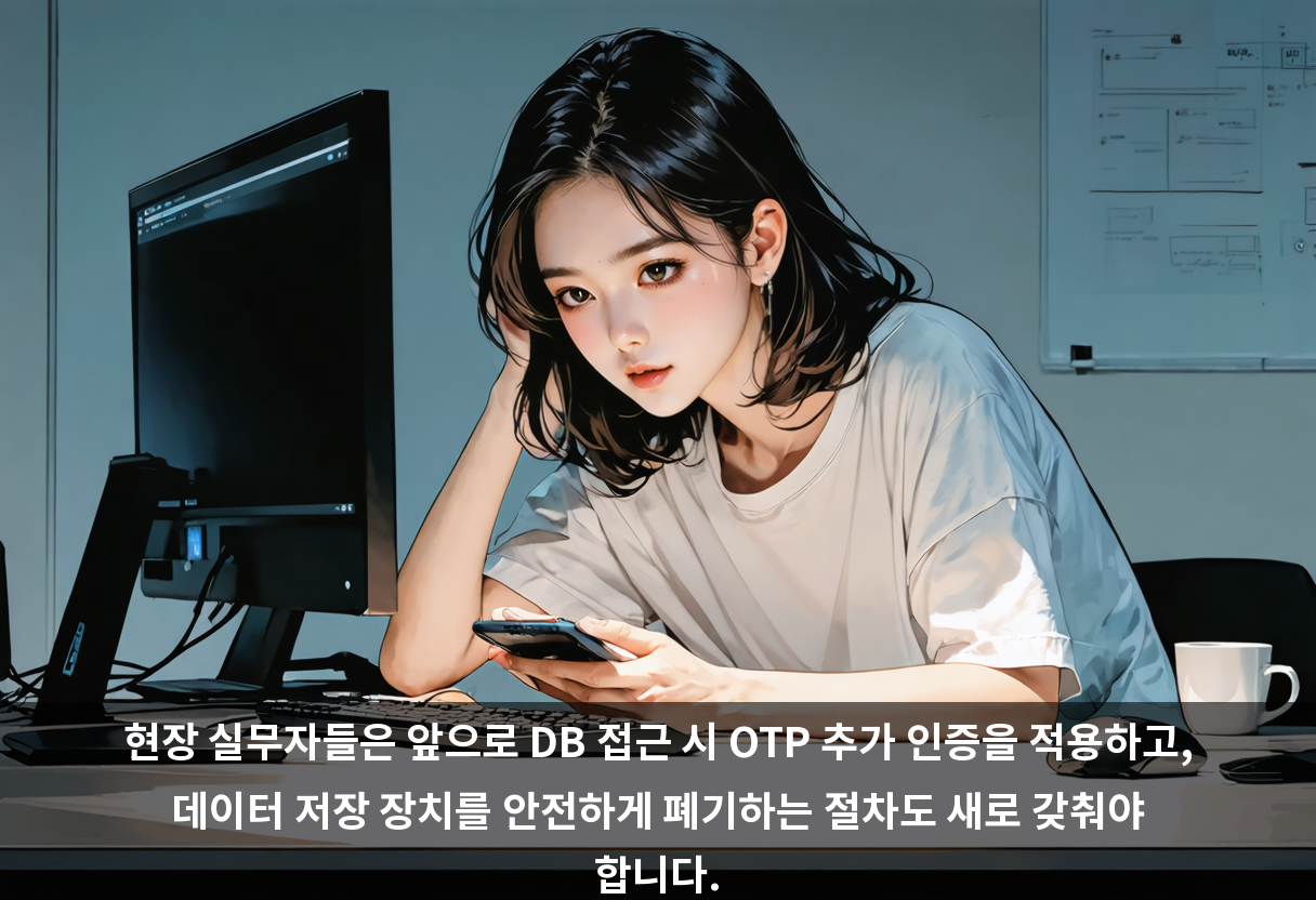 현장 실무자들은 앞으로 DB 접근 시 OTP 추가 인증을 적용하고, 데이터 저장 장치를 안전하게 폐기하는 절차도 새로 갖춰야 합니다.