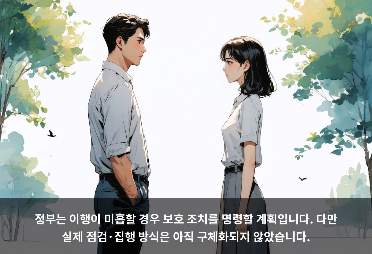 정부는 이행이 미흡할 경우 보호 조치를 명령할 계획입니다. 다만 실제 점검·집행 방식은 아직 구체화되지 않았습니다.
