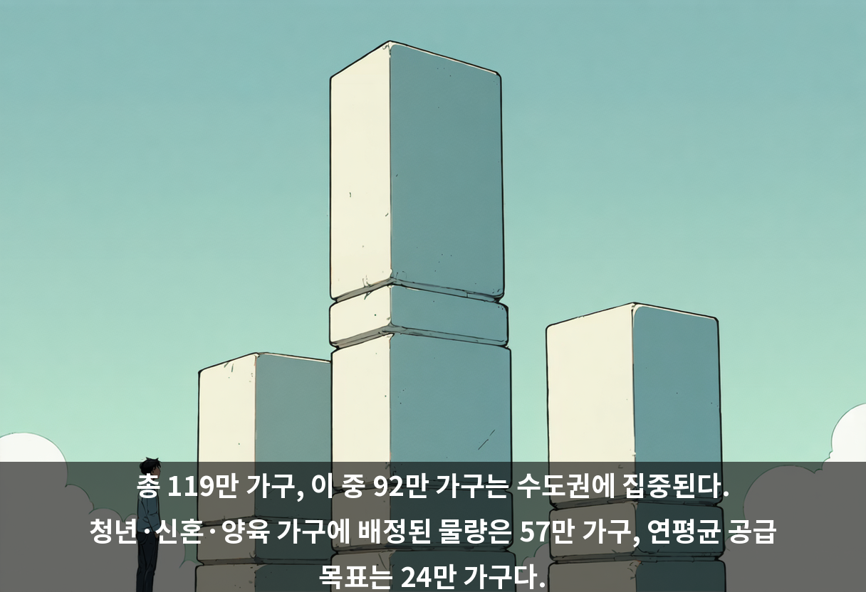 총 119만 가구, 이 중 92만 가구는 수도권에 집중된다. 청년·신혼·양육 가구에 배정된 물량은 57만 가구, 연평균 공급 목표는 24만 가구다.