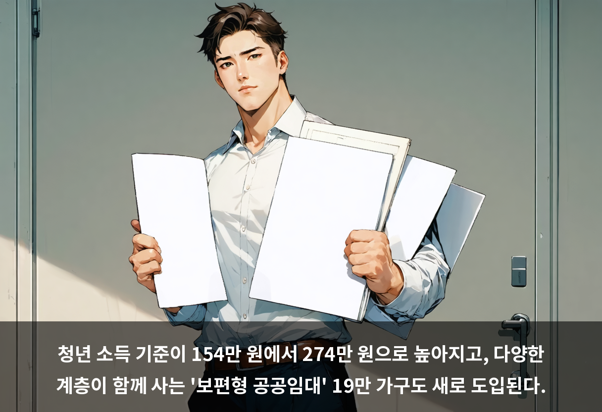 청년 소득 기준이 154만 원에서 274만 원으로 높아지고, 다양한 계층이 함께 사는 '보편형 공공임대' 19만 가구도 새로 도입된다.