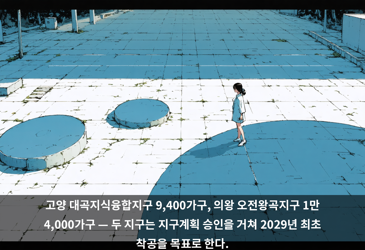 고양 대곡지식융합지구 9,400가구, 의왕 오전왕곡지구 1만 4,000가구 — 두 지구는 지구계획 승인을 거쳐 2029년 최초 착공을 목표로 한다.