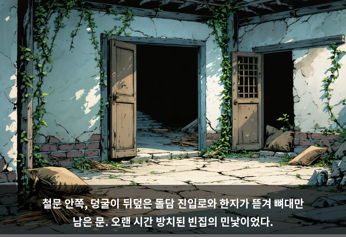 철문 안쪽, 덩굴이 뒤덮은 돌담 진입로와 한지가 뜯겨 뼈대만 남은 문. 오랜 시간 방치된 빈집의 민낯이었다.